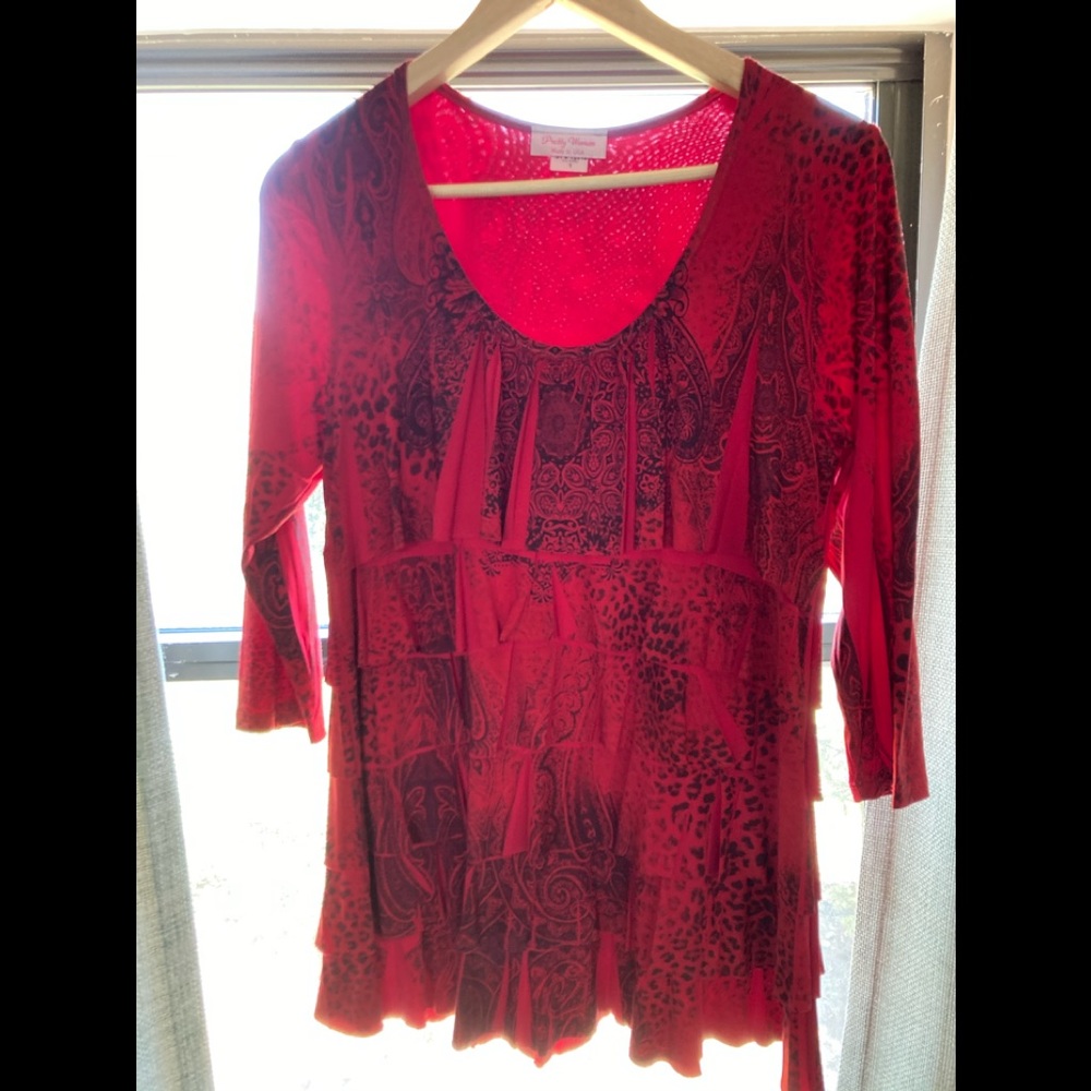 Red and black top with flattering layers